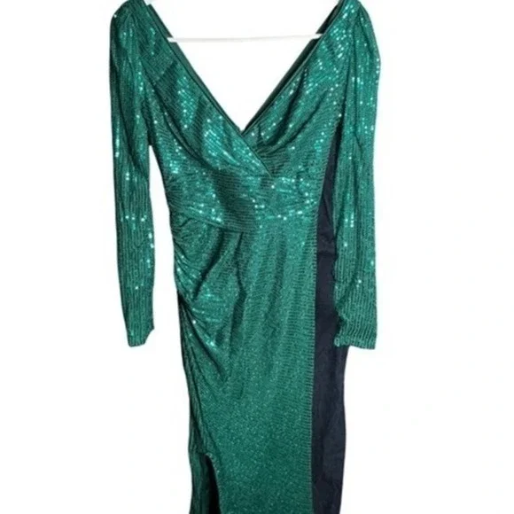 Emerald Green Sequin Prom Formal Gown XS Long Sleeve Slit Dress Broken Zip - Picture 7 of 10